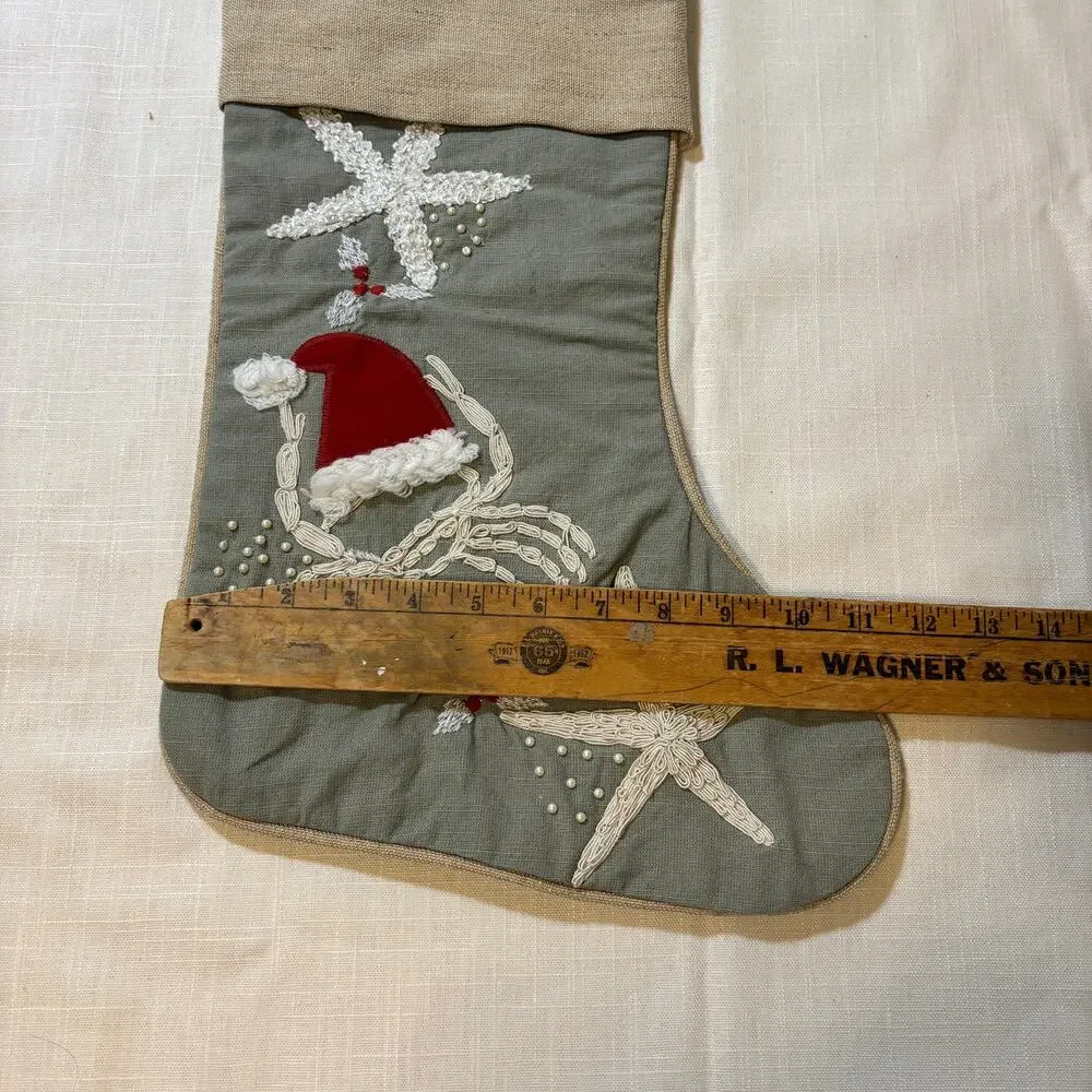 Pier 1 Imports Christmas Stocking Coastal Starfish Santa Hat Embroidered Beaded